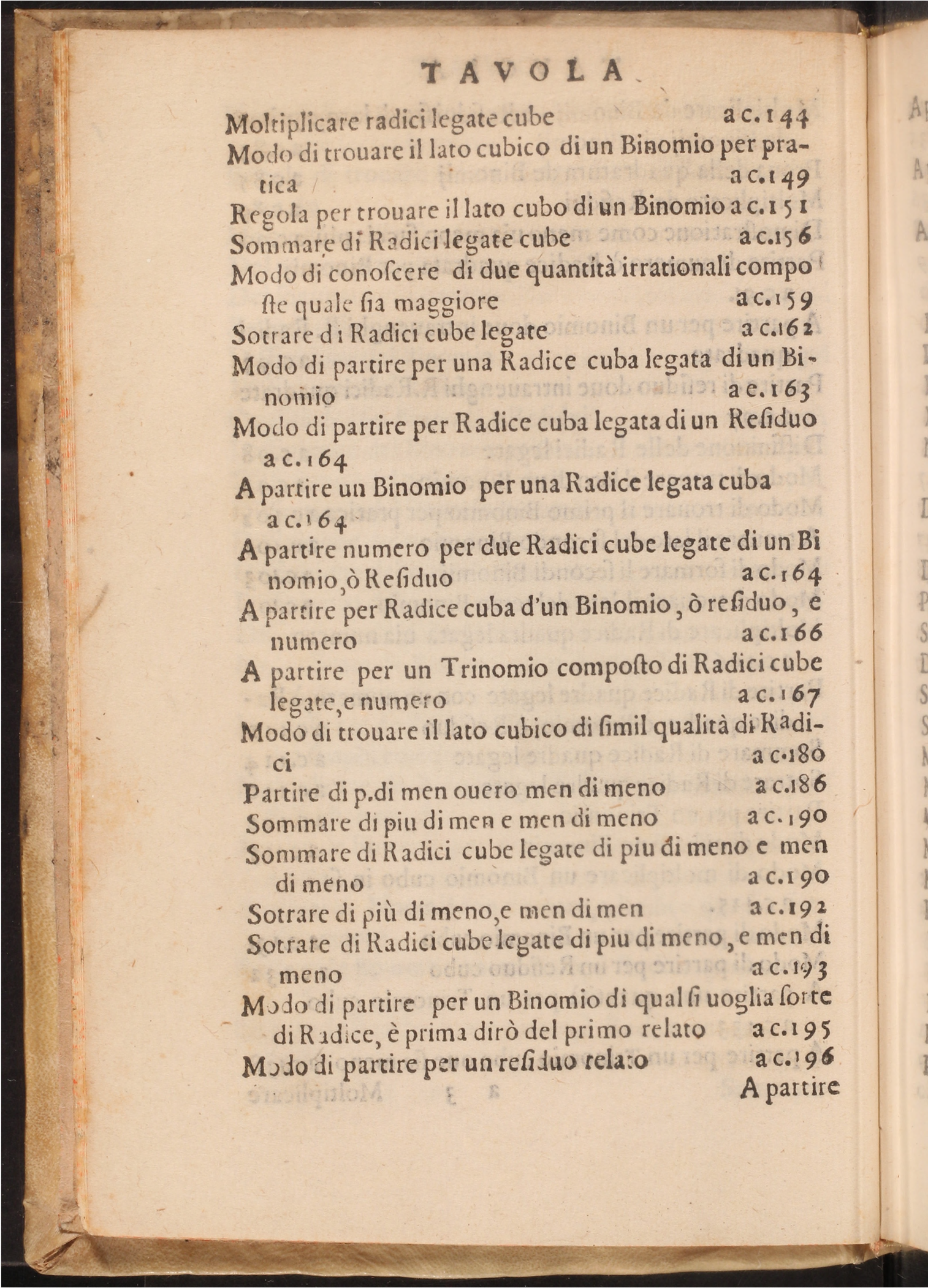 Table of Contents from L'Algebra showing operations with linked roots